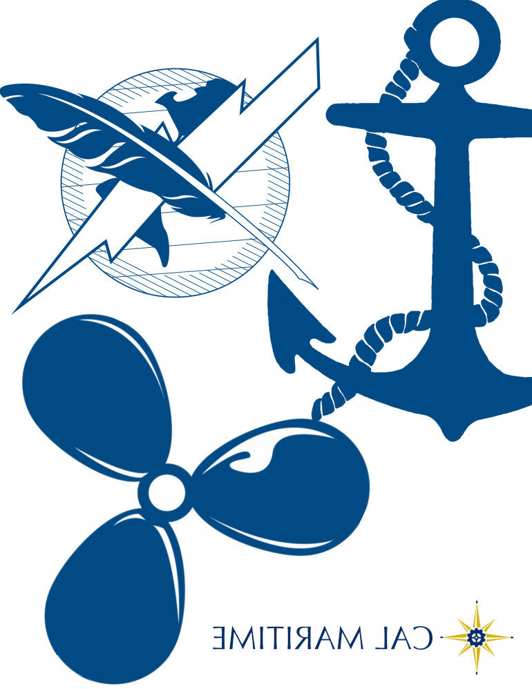 An anchor, propeller, and globe are shown together